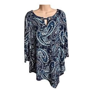 Blue Moon Paisley Tunic Top Boho Handkerchief Hem 3/4 Sleeve Blouse Size L